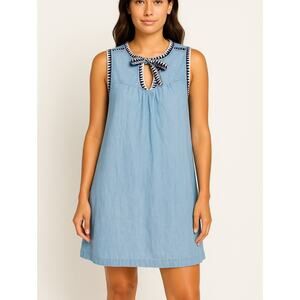 J Crew Dress Size 0 Blue Denim Chambray Boho Aztec V Neck Sleeveless Tie Front